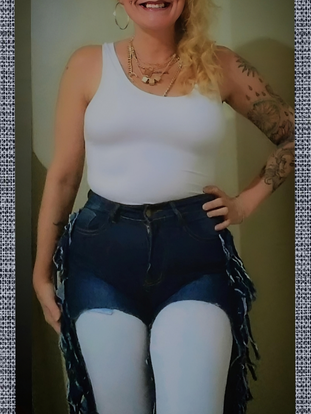 White Tank Bodysuit with Dark Denim Fringe Shorts